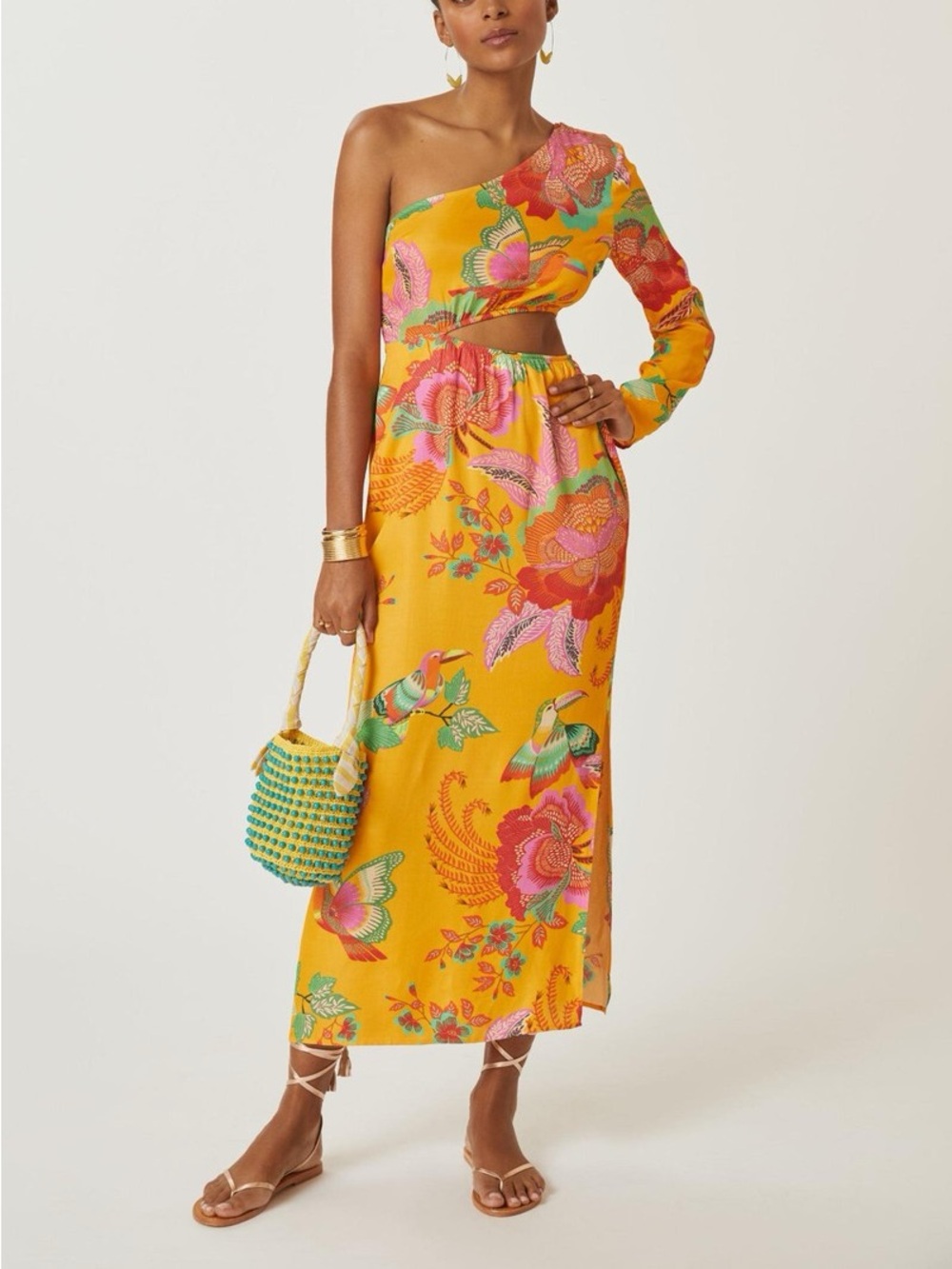 Farm Rio One Shoulder Dress Anthropologie Maxi Cutout Floral Tropics | XS